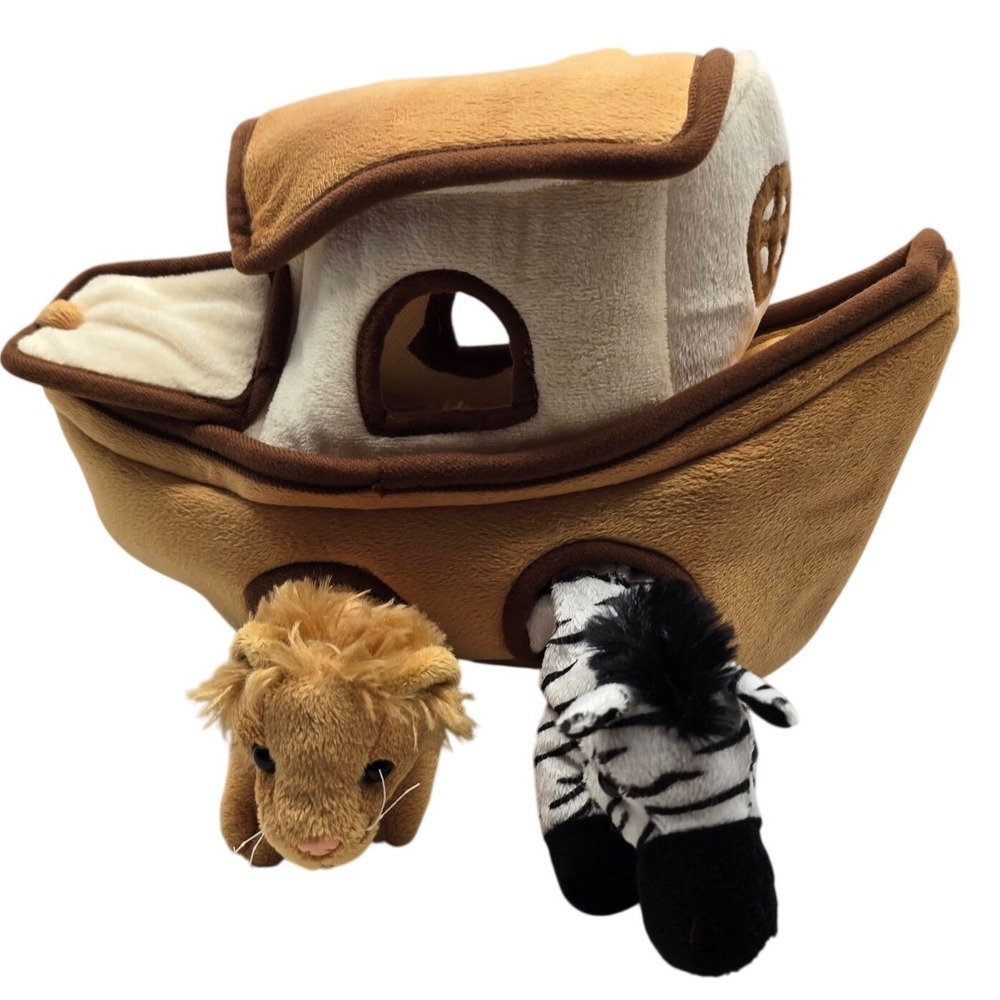 Noah's Ark Plush Animal Playset Soft Boat Carrier Lion Tiger Zebra Leopard Kids